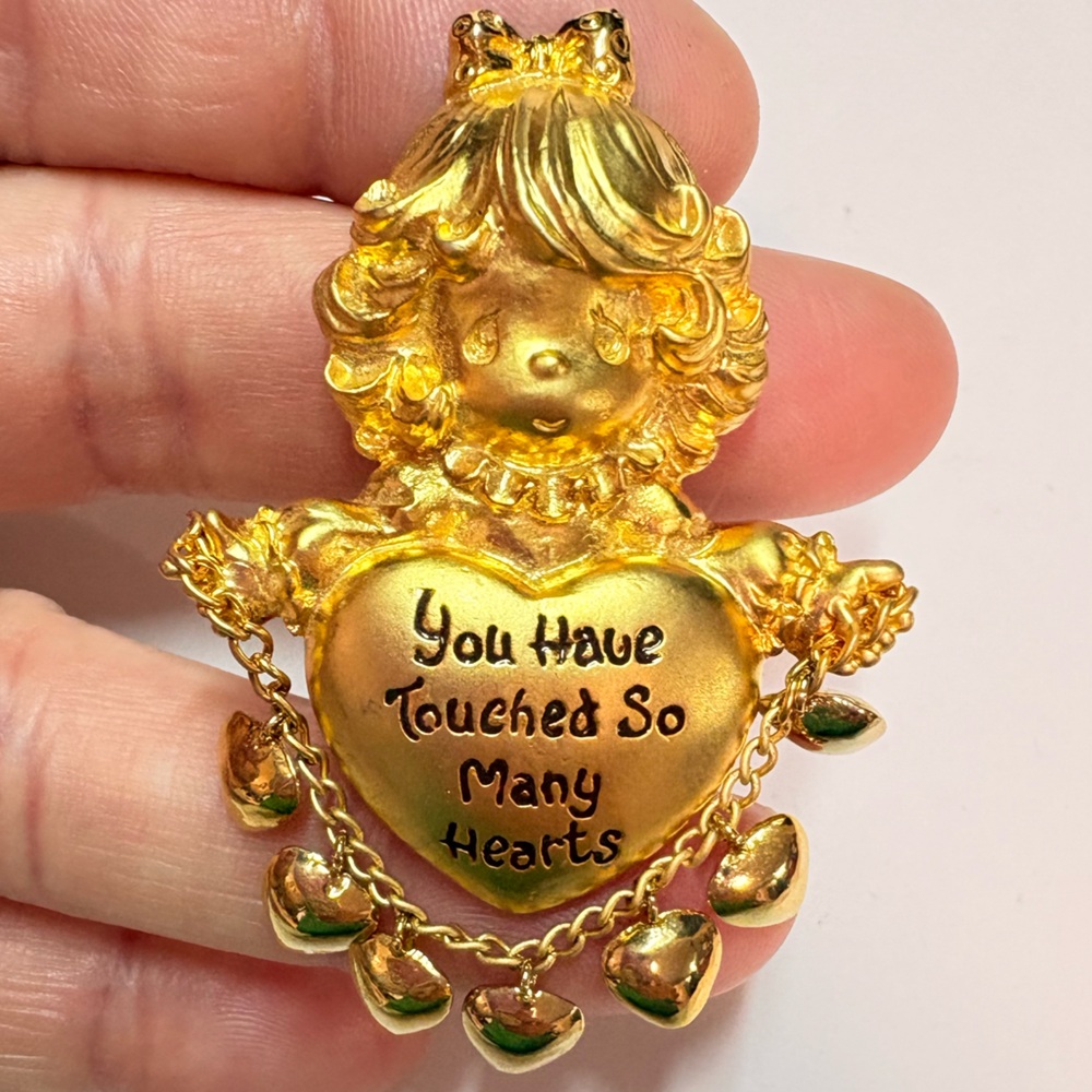 Precious Moments Gold tone Angel Brooch with Heart Charms